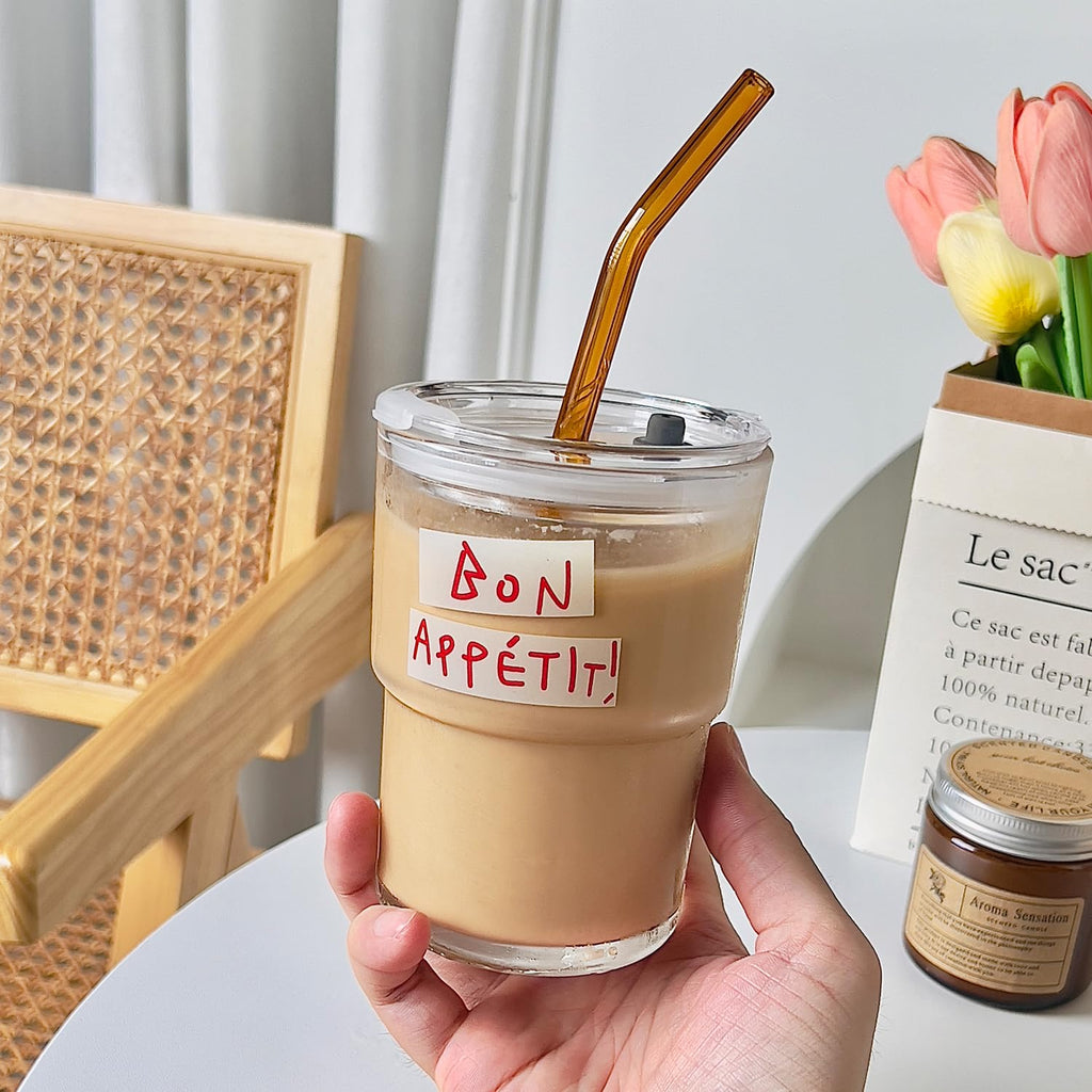 Glass Tumbler with Straw and Lid, Reusable Iced Coffee Cup Tumbler, Cute Glass Cups 13oz