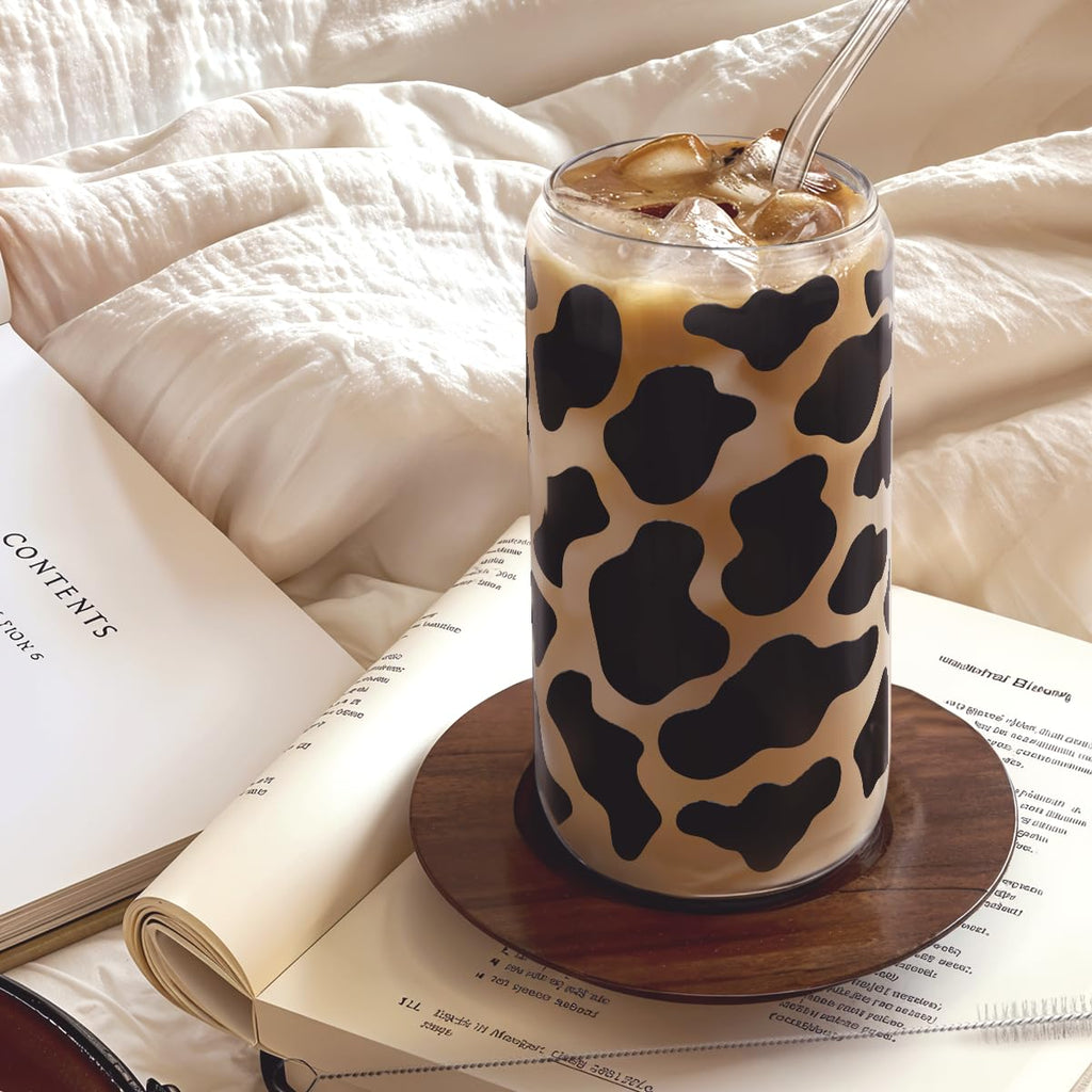 Glass Cup with Lid & Straw, Iced Coffee Aesthetic Glass Can, 16oz