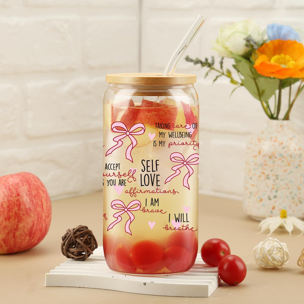 Cherry Bow Cup, Birthday Gifts for Women, Girly Gifts for Her, Sister, Mom, Colleague - 16 OZ Glass Tumbler with Straw & Lid, Coquette Iced Cup