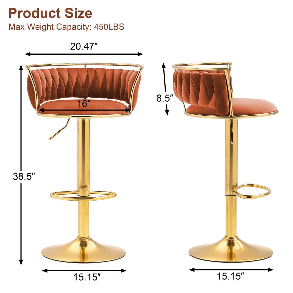 Velvet Swivel Bar Stools, Adjustable Counter Height Bar Chairs with Low Back & Footrest, Modern Gold Bar Stools for Kitchen Island, Bar Pub