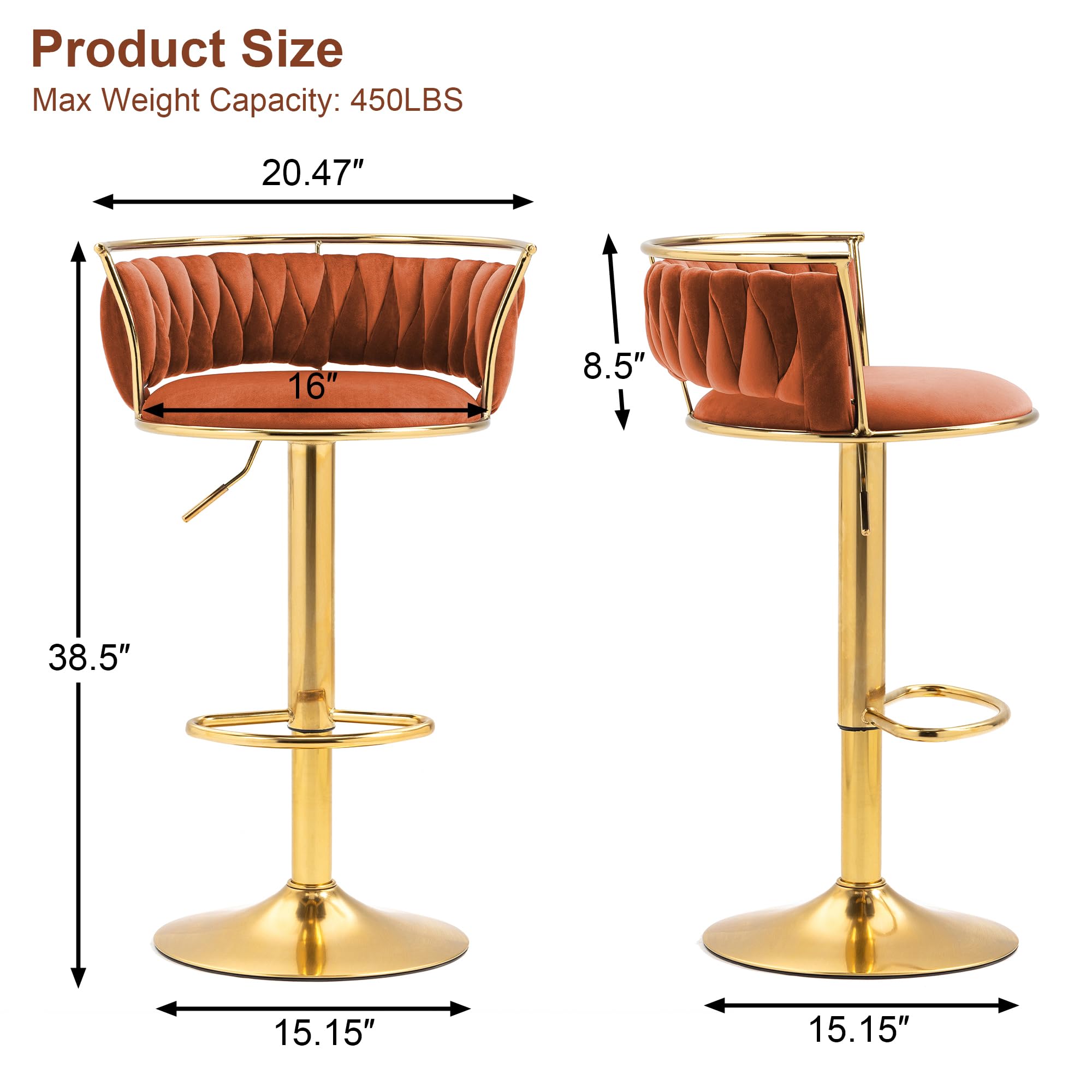 Velvet Swivel Bar Stools, Adjustable Counter Height Bar Chairs with Low Back & Footrest, Modern Gold Bar Stools for Kitchen Island, Bar Pub