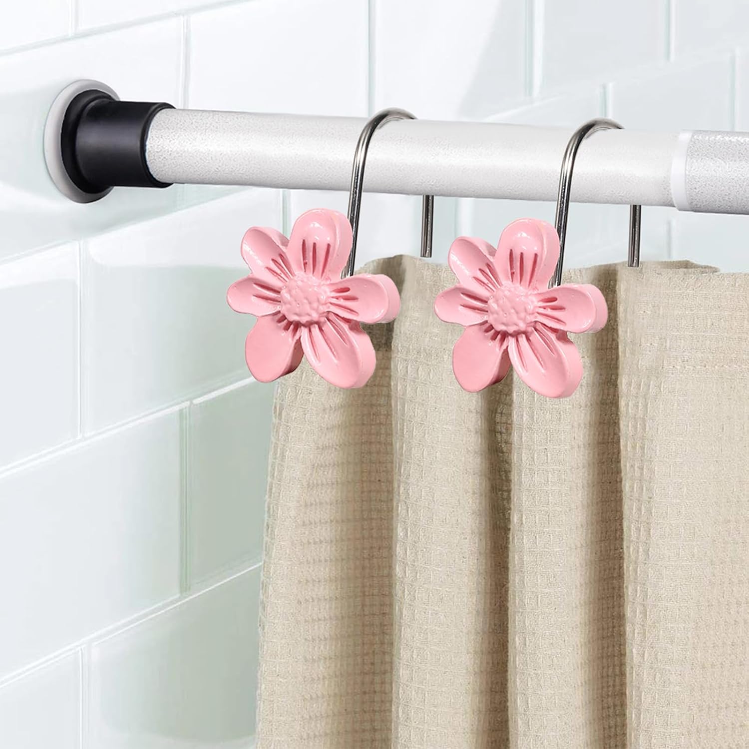 Decorative Shower Curtain Hooks, 12PCS Pink Small Flower Resin Shower Curtain Hooks Rings for Bathroom