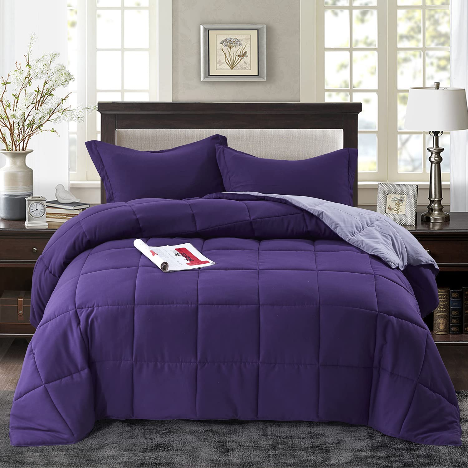 Reversible Down Alternative Comforter with Two Shams - Quilted Duvet Insert with Corner Tabs - Box Stitched Blanket - Super Soft, Fluffy