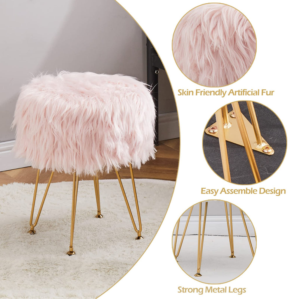 Faux Fur Storage Ottoman Round Furry Vanity Stool Marble Grain Tray Coffee Table Compact Footrest Stool with 4 Metal Legs Soft Makeup Seat Foot Stools for Living Room Bedroom Entryway