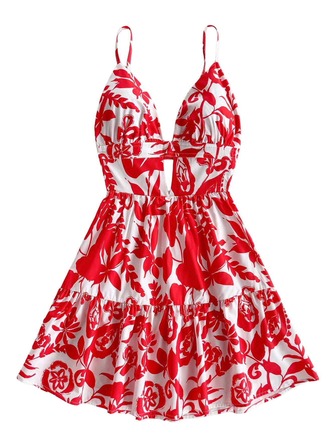 Women's Sleeveless Butterfly Print Cut Out V Neck Tiered Mini Cami Dresses