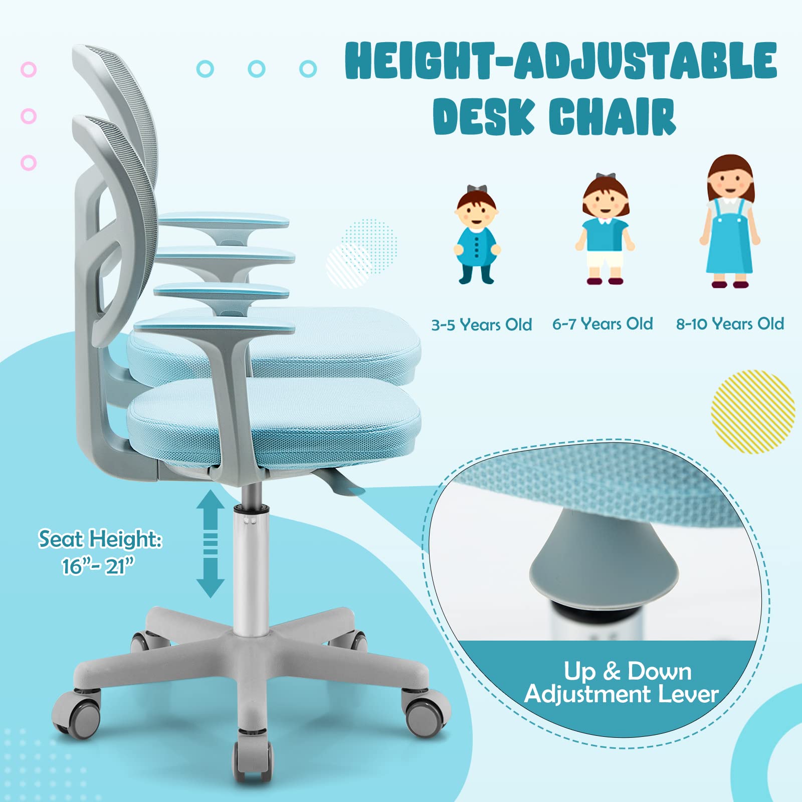 Swivel Adjustable Mesh Study Chair with Wheels & Arms, Ergonomic Computer Task Chair with Lumbar Support