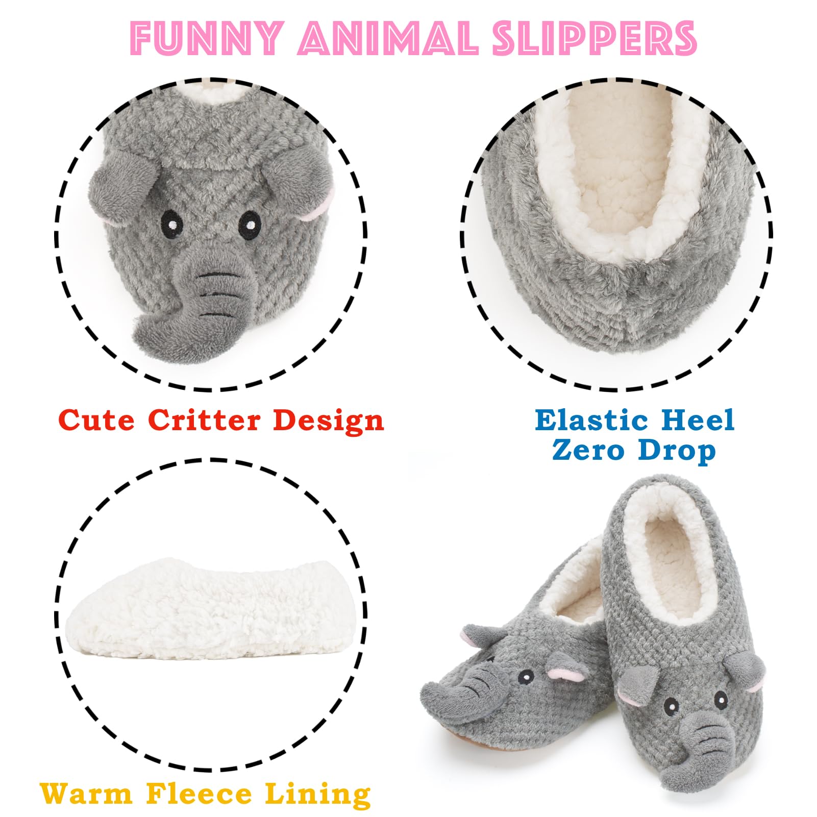 Cute Animal House Slippers - Fuzzy Warm Bedroom Slipper Socks Non-Slip Grippers