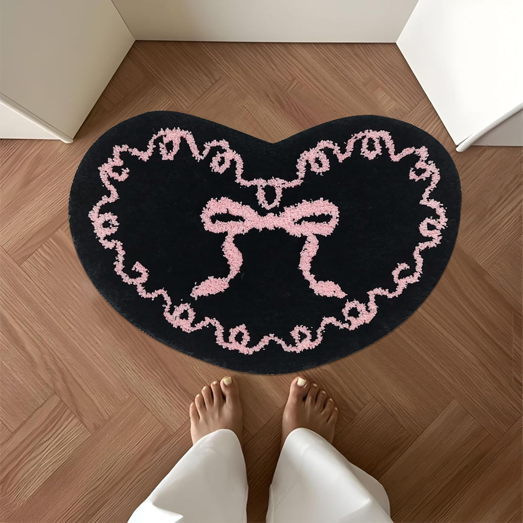 Coquette Black Pink Bow Mat Non Slip Heart Shaped Bow Rug Cute Girly Carpet Room Decor Microfiber Absorbent Bath