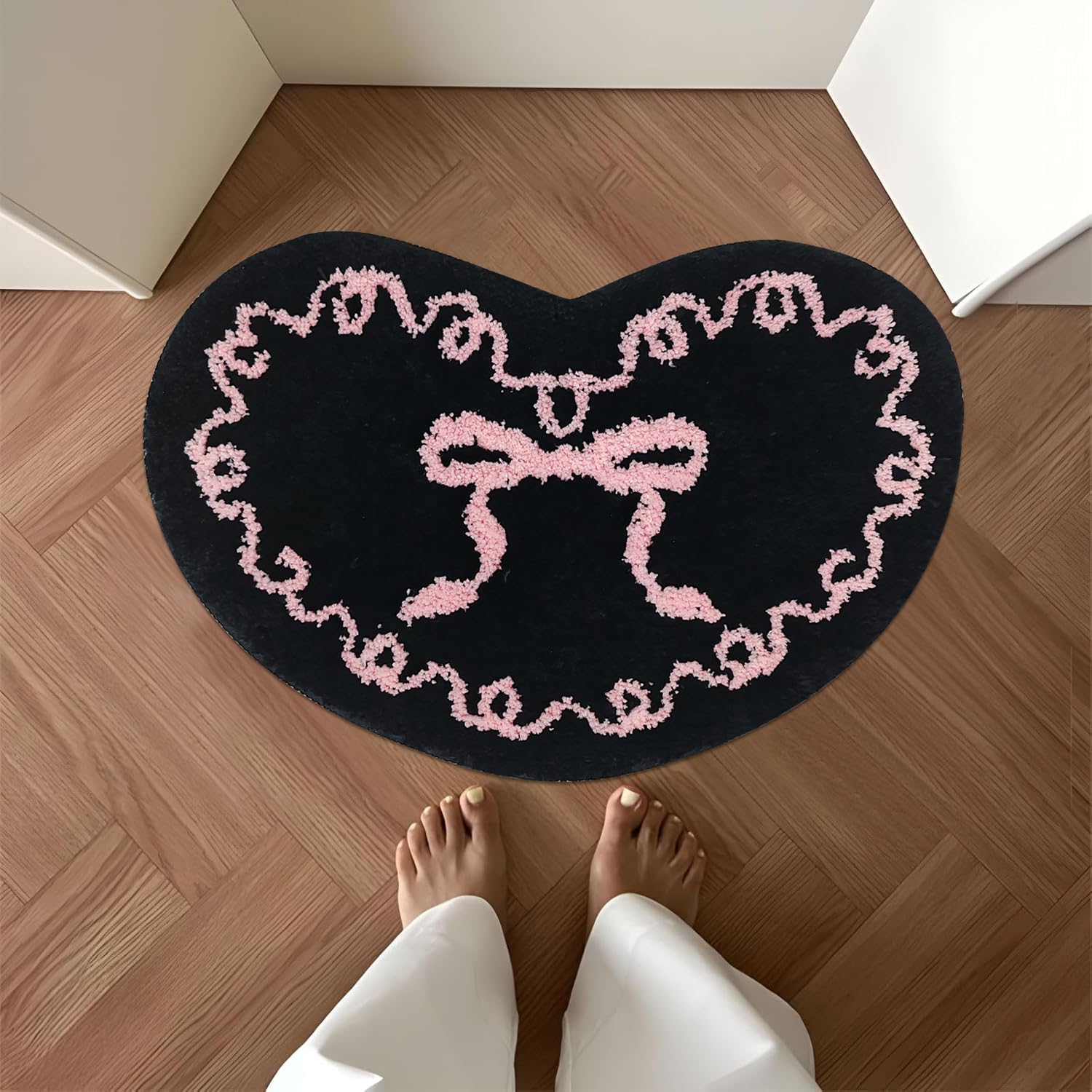 Coquette Black Pink Bow Mat Non Slip Heart Shaped Bow Rug Cute Girly Carpet Room Decor Microfiber Absorbent Bath