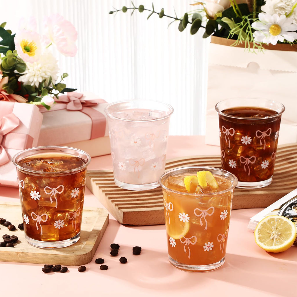 Coquette Bow Glass Cups Pink Bow Aesthetic Drinking Glasses 4 Pcs 8oz