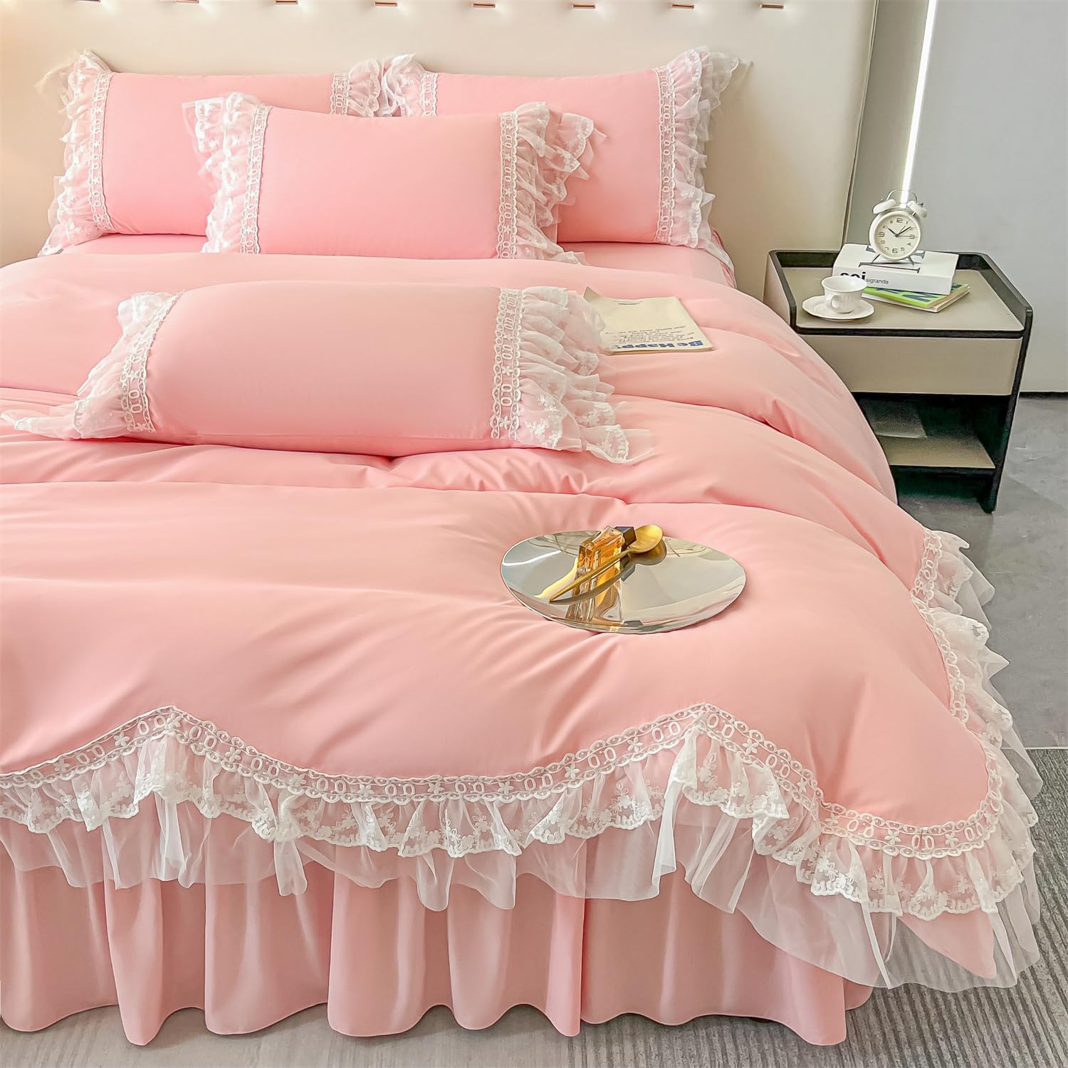 Chic Ruffle Lace Polyester Duvet Cover Set -Bedding-2 Piece Duvet Cover with Zipper Closure -Ultra Soft and Light Weight