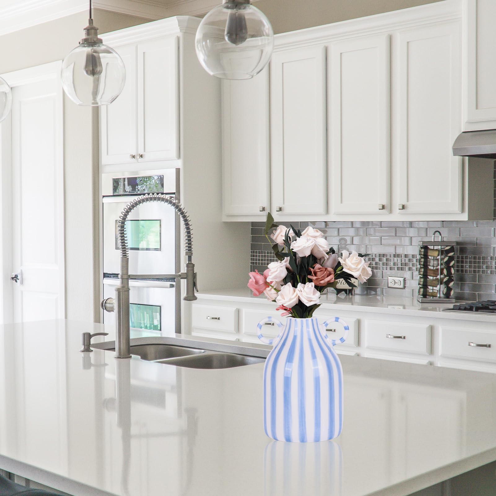 Ceramic Striped Vase with Handle, Modern Minimalist Bohemian, Nordic Decor Vase