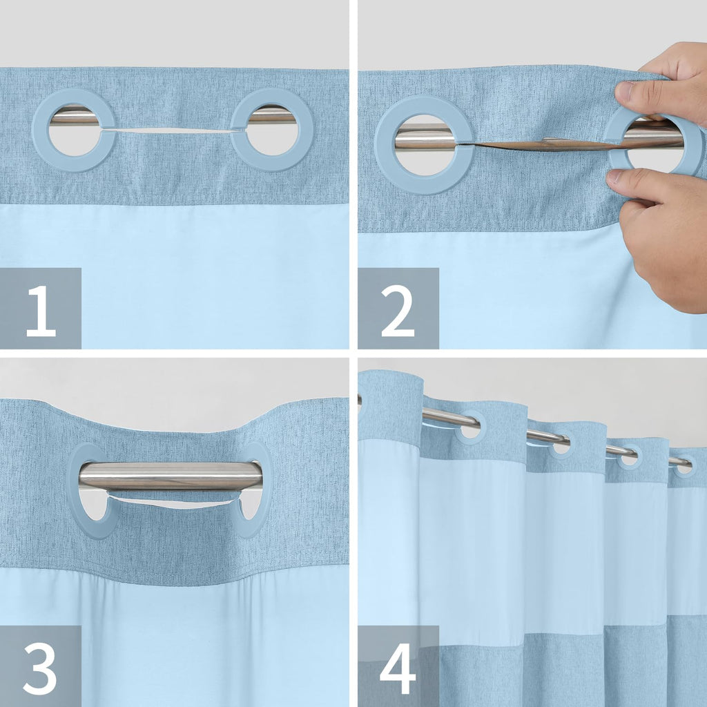 No Hooks Needed Linen Textured Shower Curtain with Snap-in Fabric Liner Set, Luxury Decor Shower Curtains for Bathroom with Mesh Top Window, Waterproof & Washable