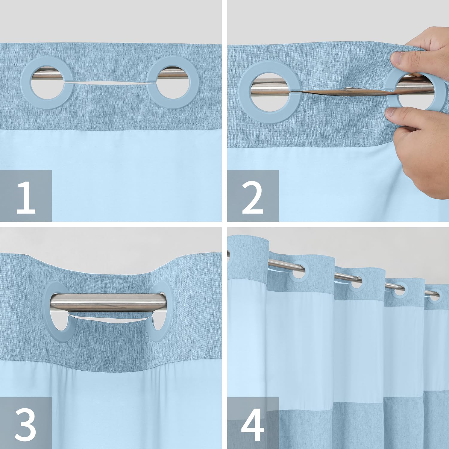 No Hooks Needed Linen Textured Shower Curtain with Snap-in Fabric Liner Set, Luxury Decor Shower Curtains for Bathroom with Mesh Top Window, Waterproof & Washable