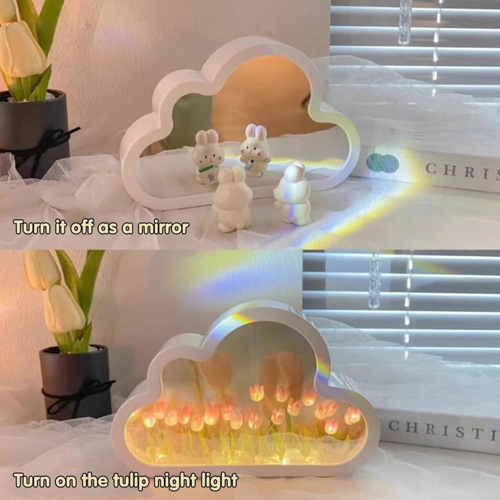 DIY Cloud Tulip Mirror Night Light, Simulation Flower Bedroom Cloud Tulip Table Lamp, Creative Home Decoration