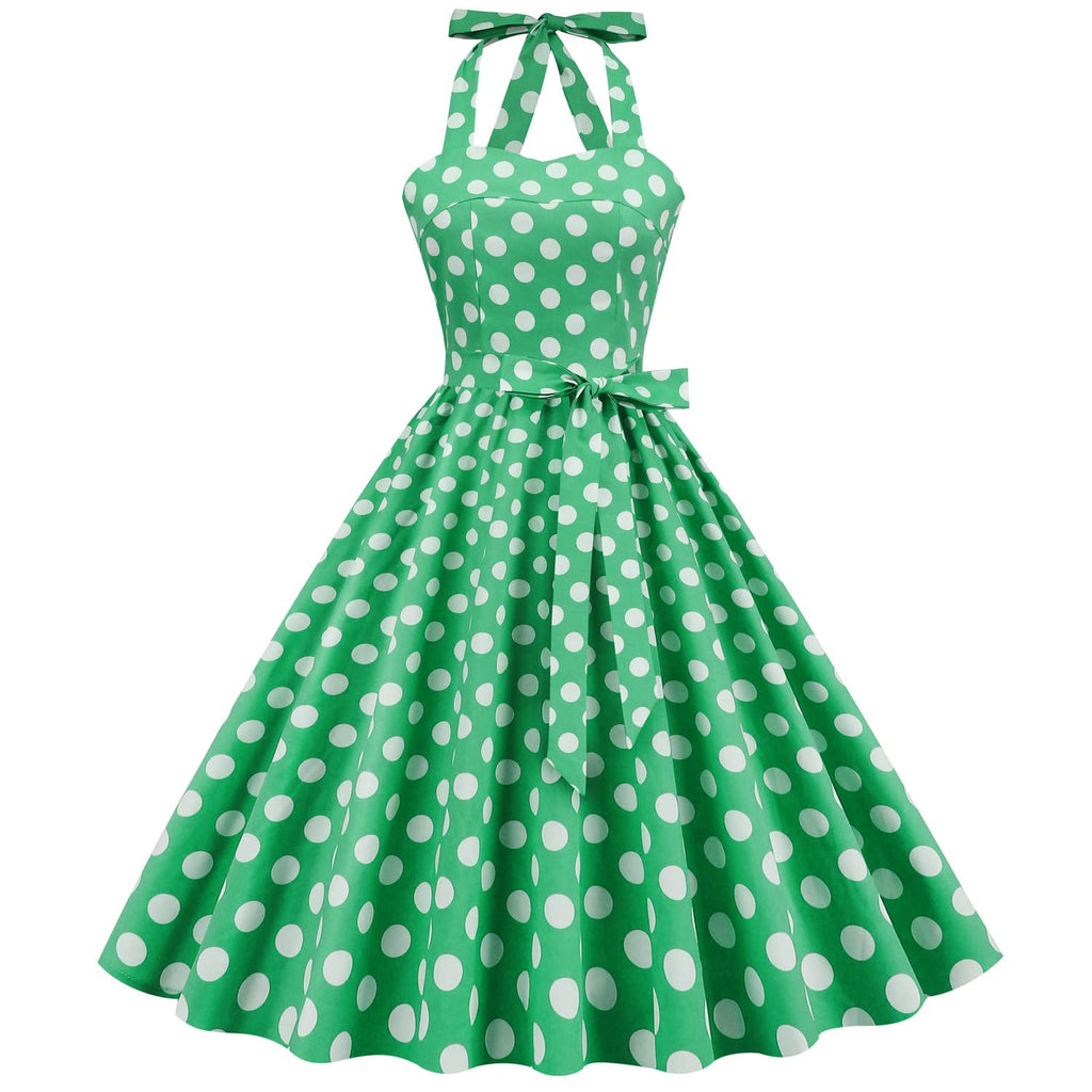 Vintage Women 1950s Rockabilly Swing Dress Pinup 50s Retro Hepburn Style Halterneck A-Line Dresses