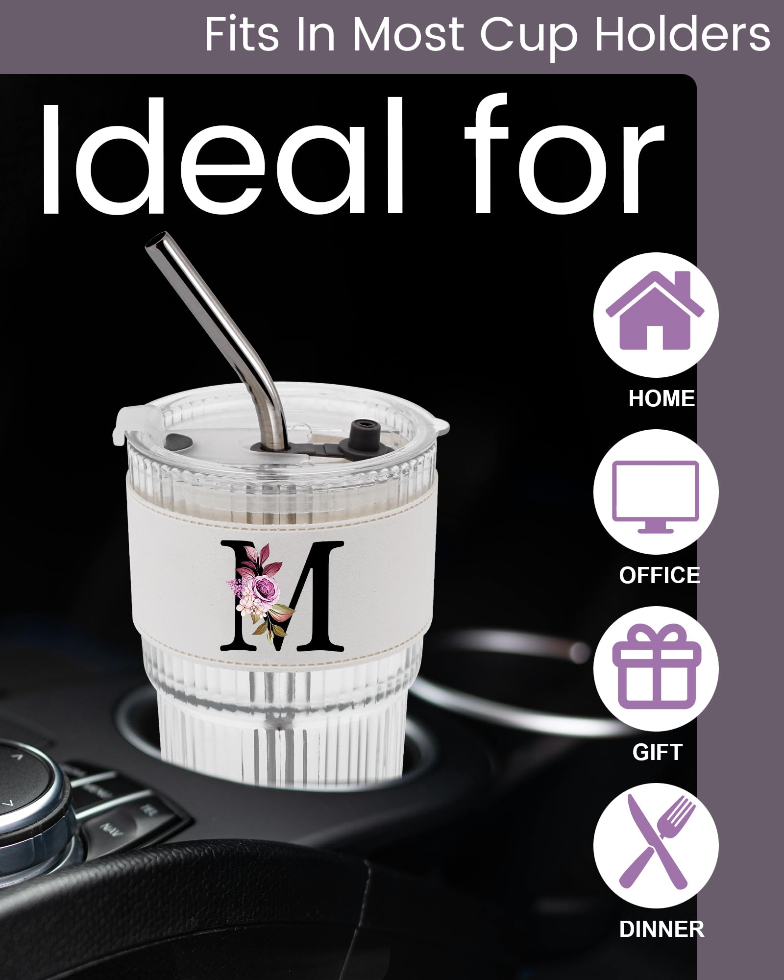 Initial Glass Cup with Lid Straw Ribbed Ice Tea Clear Tumbler Her Sister Coffee Matcha Latte Girlfriend Gf Aunt Best Friend Friendship Bestie Wife Cute Asthetic Unique Birthday Personalized Gift K