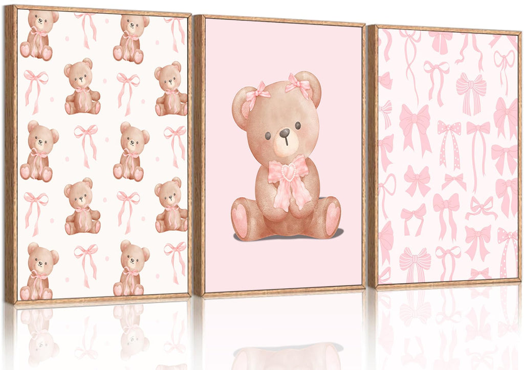 Pink Teddy Bear Wall Art Coquette Bow Wall Decor Pictures Cute Animal Nursery Canvas Posters Prints 3Pcs