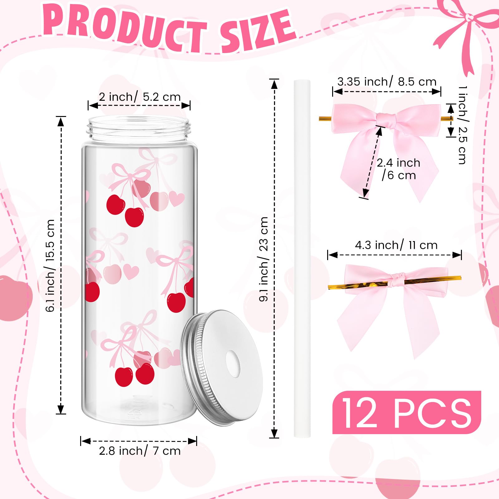 Pink Bow Plastic Bottle with Straw Lid and Twist Bow Disposable Coquette Cherry Bow Bottles Cute Inspired Retro Reusable Bottles 12 Pcs