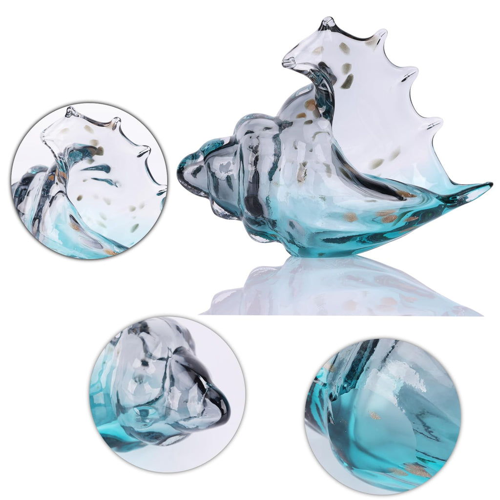 Hand Blown Glass Conch - Coastal Home Decor Conch Corners, Glass Art Conch Sculptures, Office Decor Blown Glass Art, Living Room Table Centerpieces, Bathroom Shelf Tops And Cabinet Decor