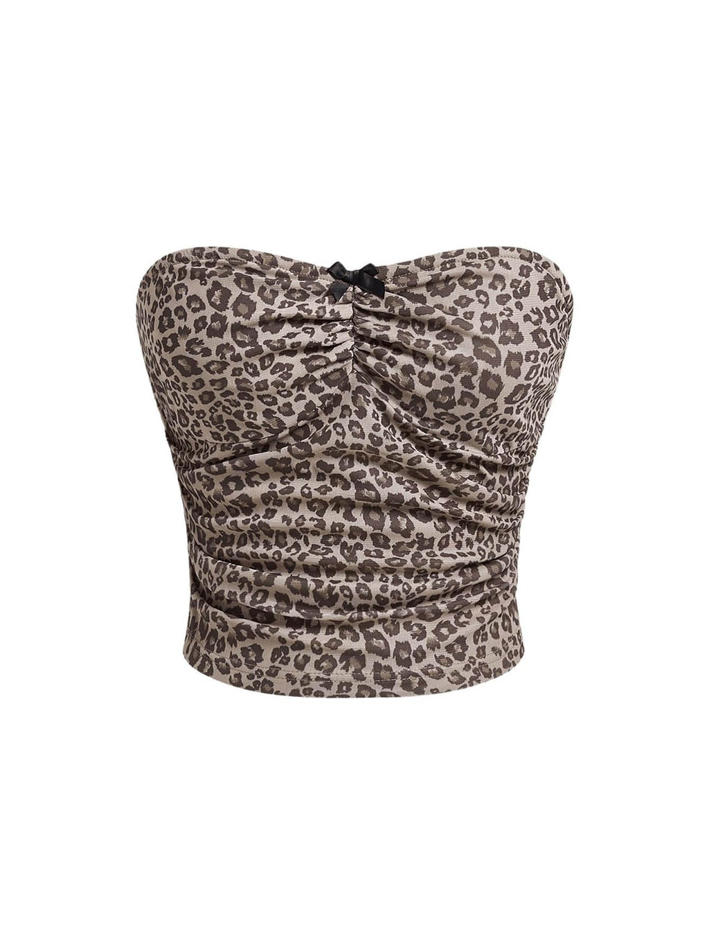 Women's Leopard Print Ruched Strapless Bandeau Top Meah Casual Sleeveless Bow Slim Fit Cheetah Print Tube Crop Tops