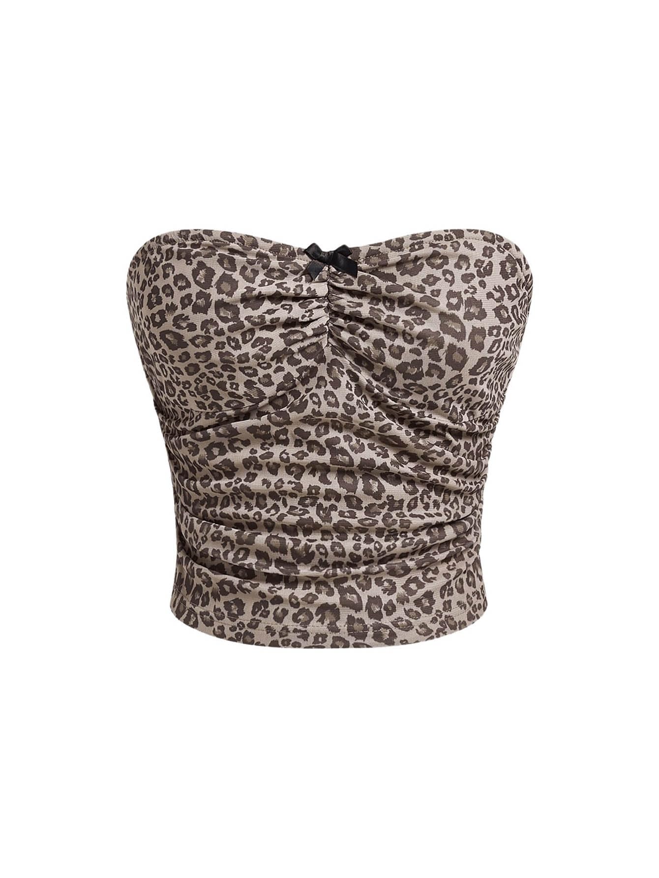 Women's Leopard Print Ruched Strapless Bandeau Top Meah Casual Sleeveless Bow Slim Fit Cheetah Print Tube Crop Tops