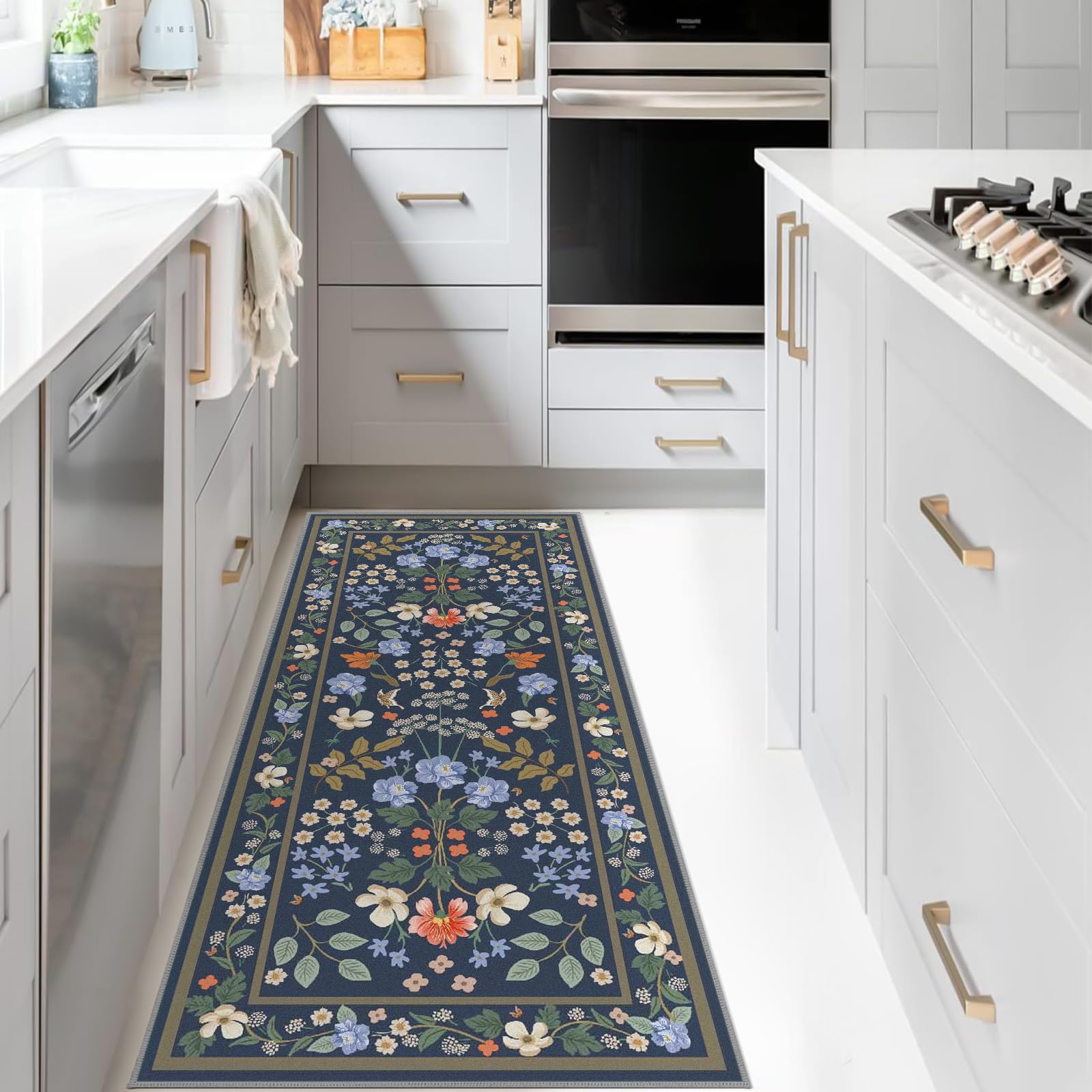 Washable Area Rug Non-Slip Area Rugs for Bedroom Soft Faux Wool Floral Rug with Rubber Backing Indoor Boho Area Rug