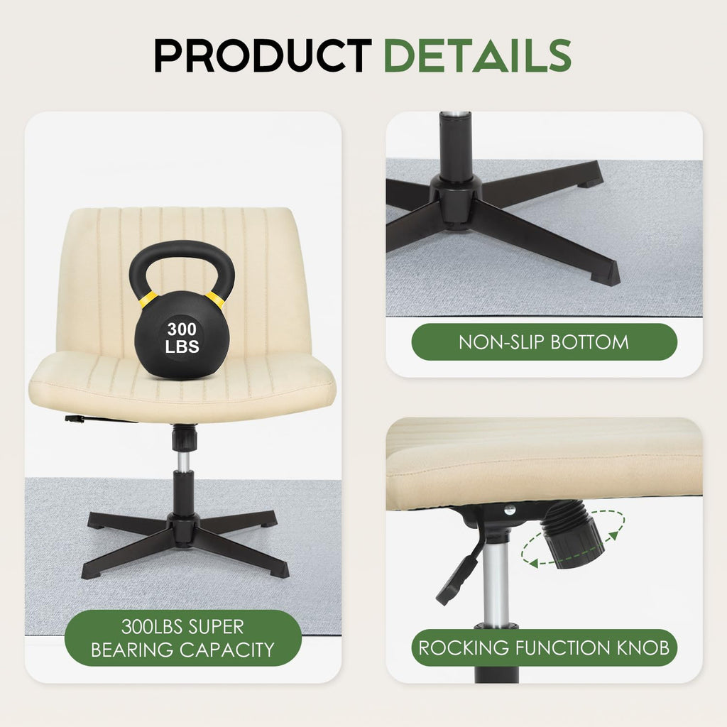 Criss Cross Chair, Armless Cross Legged Wide Comfty Desk Chair with No Wheels Modern Height Adjustable, Swivel Fabric Vanity Chair