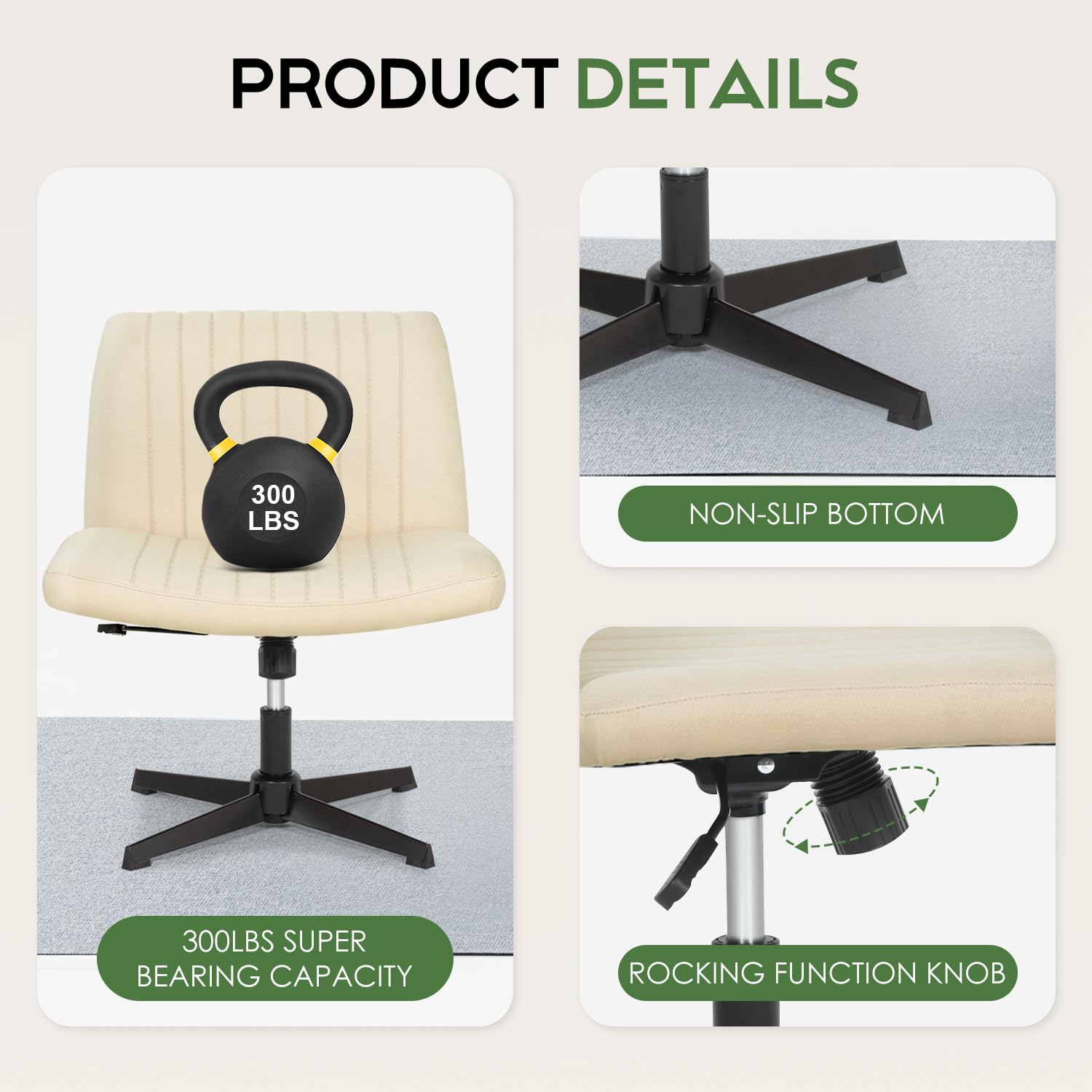 Criss Cross Chair, Armless Cross Legged Wide Comfty Desk Chair with No Wheels Modern Height Adjustable, Swivel Fabric Vanity Chair