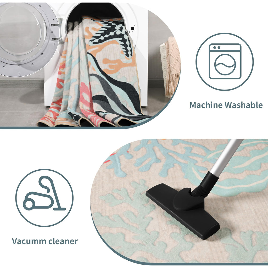 Faux Wool Boho Floral Area Rug Abstract Print Soft Carpet, TPR Non-Slip Backing, Machine Washable Low Pile Rug