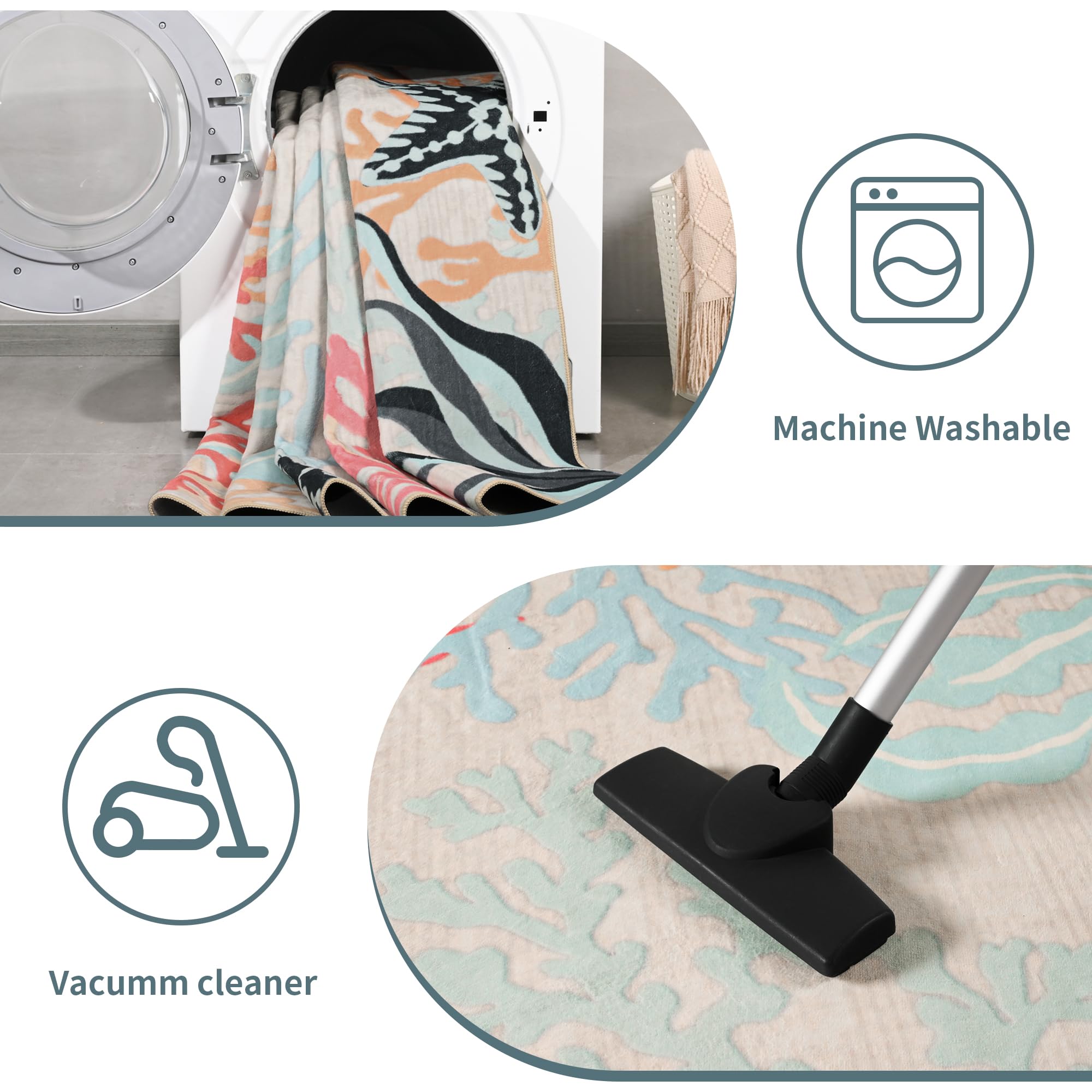 Faux Wool Boho Floral Area Rug Abstract Print Soft Carpet, TPR Non-Slip Backing, Machine Washable Low Pile Rug