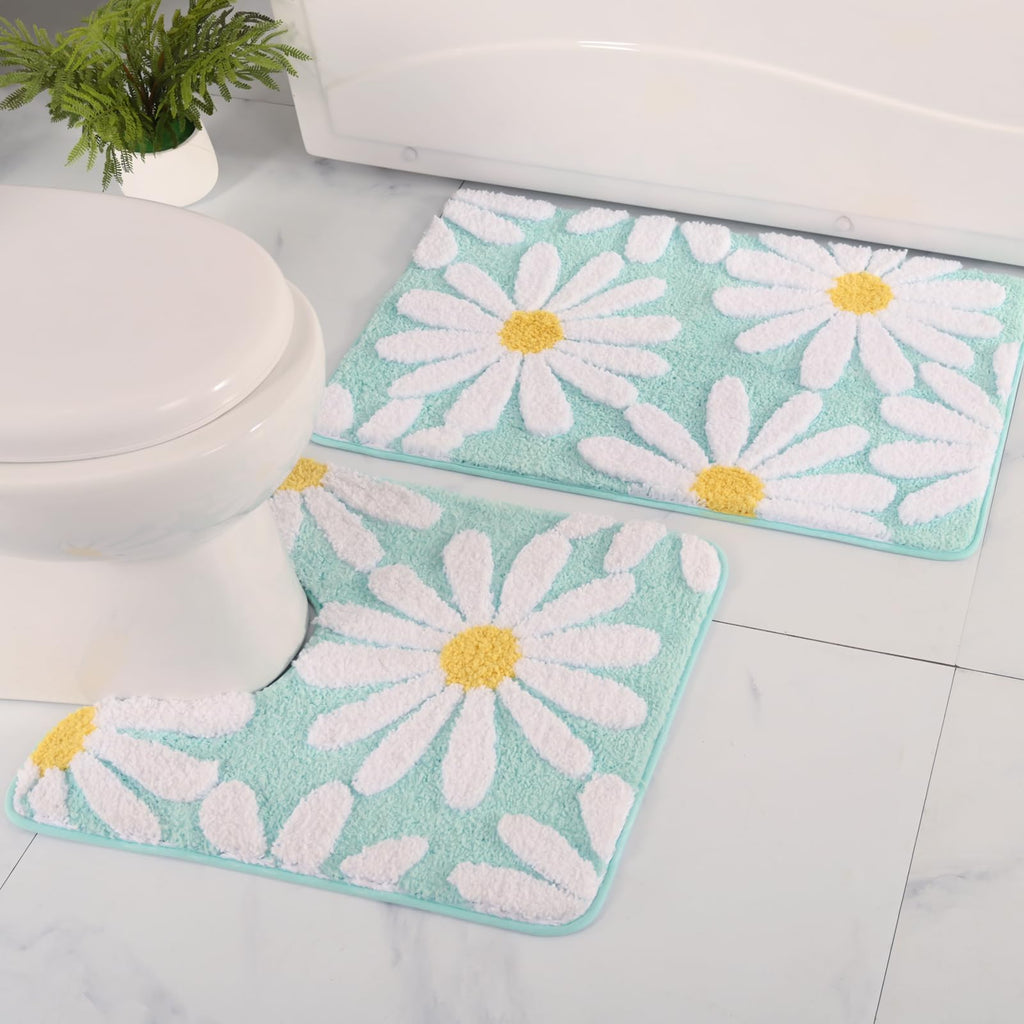 U Shaped Toilet Mat Cute Daisy Contour Bath Rug 20"x20", Extra Thick Soft Machine Washable Toilet Carpet, Non Slip Bathroom Floor Mats Super Absorbent Microfiber Bath Rugs