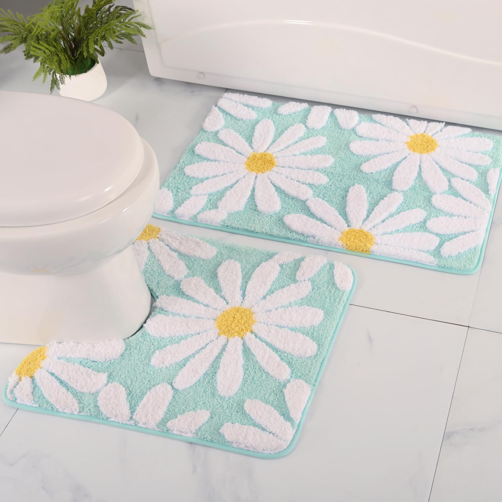 U Shaped Toilet Mat Cute Daisy Contour Bath Rug 20"x20", Extra Thick Soft Machine Washable Toilet Carpet, Non Slip Bathroom Floor Mats Super Absorbent Microfiber Bath Rugs