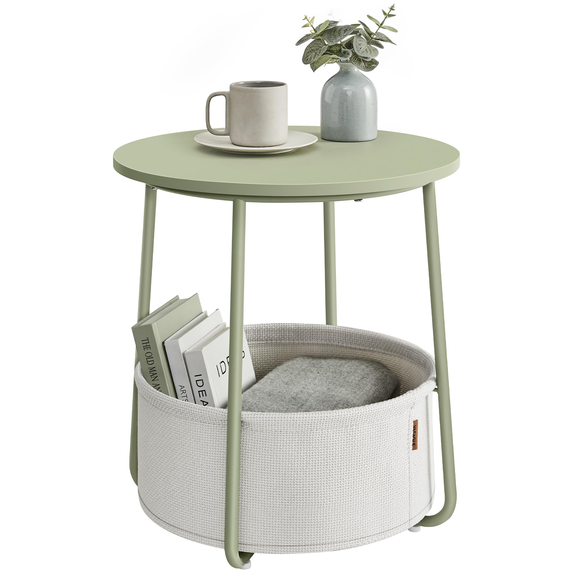 Small Bedside Table with Fabric Basket, Modern Nightstand, Round Side Table