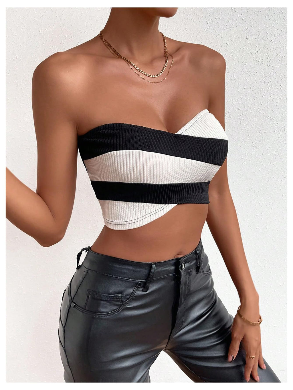Women's Striped Criss Cross Strapless Tube Crop Top Sleeveless Ribbed Bandeau
