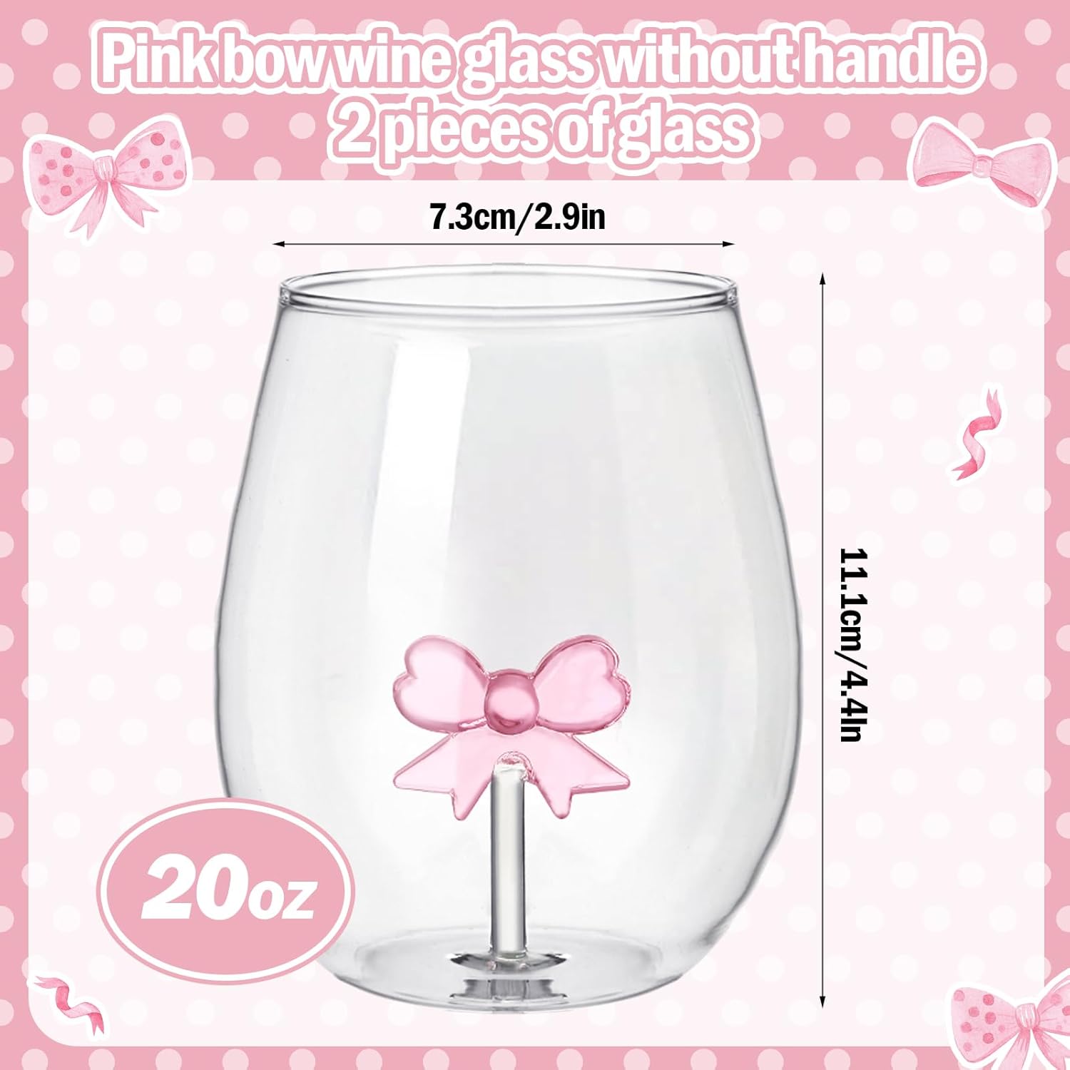 Pink Bow Stemless Wine Glass Coquette Glass Cups 20 oz Elegant Drinkware Handcrafted 2 Pcs