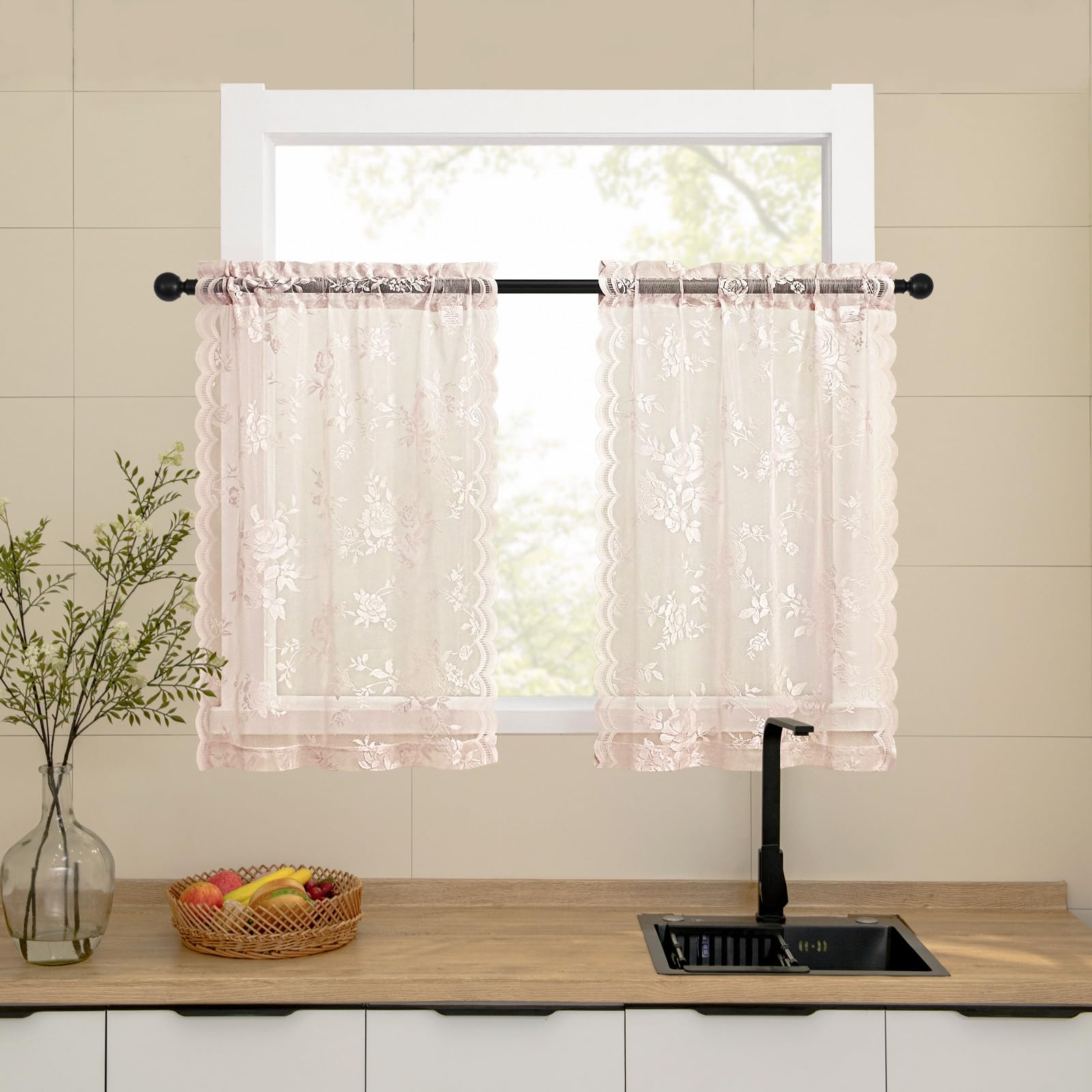 Lace Curtains 2 Panels Set Victorian Floral Sheer Curtains for Living Room Bedroom Girls Room Rod Pocket Light Filtering Romantic French Drapes Window Decor