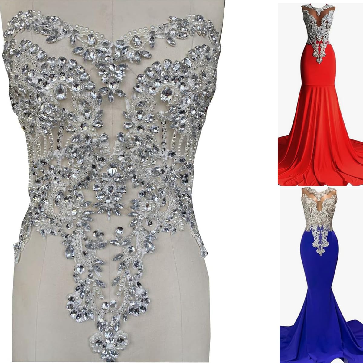 Handmade red/Blue/Gold/Green Rhinestones lace Bodice Applique Sewing Beads Crystal Trim Patches Accessory for Dress Clothes (Rose red)