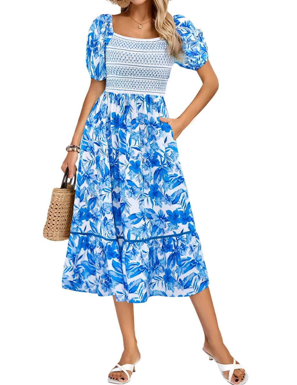 Kate Kasin Women's Summer Floral Boho Dresses Casual Square Neck Smocked Flowy Tiered Beach Midi Dress with Pockets