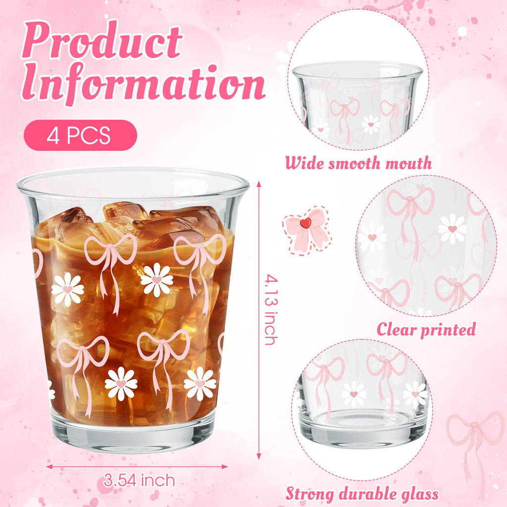 Coquette Bow Glass Cups Pink Bow Aesthetic Drinking Glasses 4 Pcs 8oz