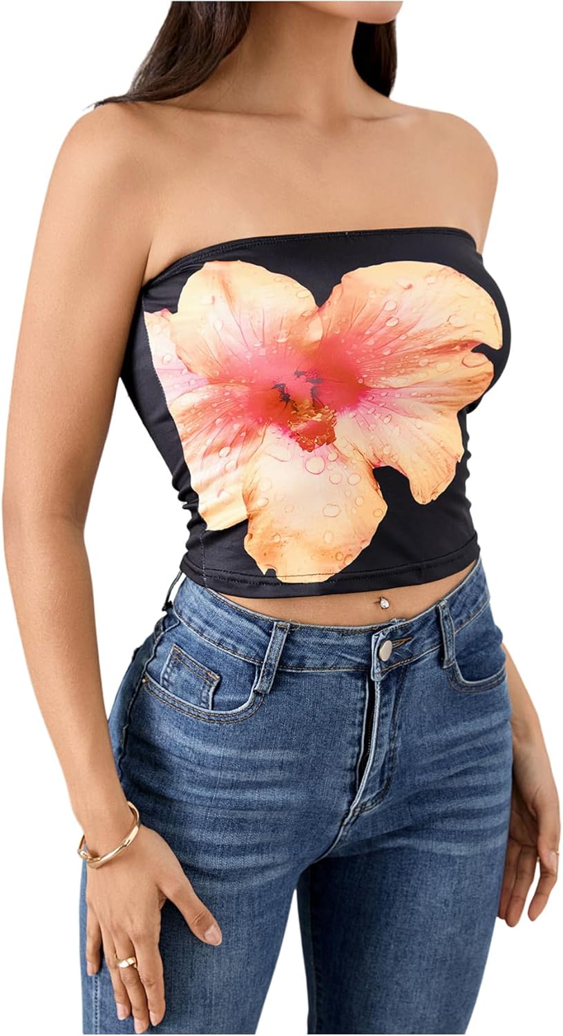 Women's Y2K Floral Tube Top Sleeveless Bandeau Coquette Summer Crop Tops Strapless Tank