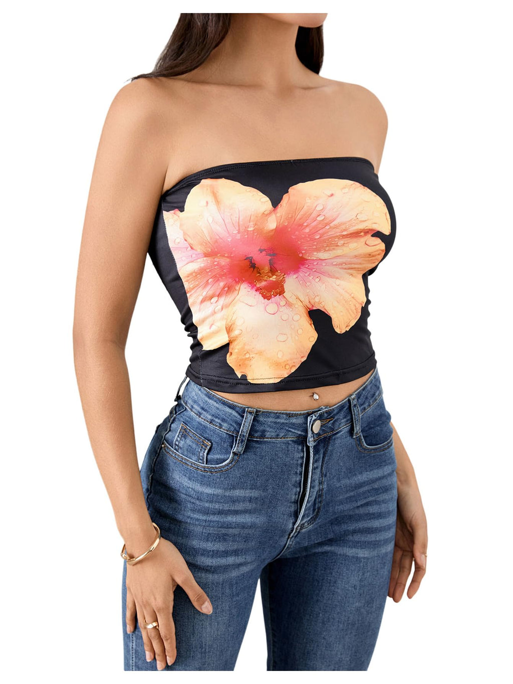Women's Y2K Floral Tube Top Sleeveless Bandeau Coquette Summer Crop Tops Strapless Tank