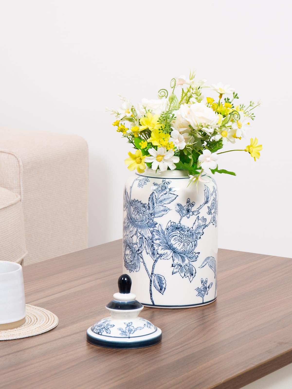 Chinoiserie Blue and White Jar Vase Decor, Ceramic Decorative Jars with Lid, 12x6 Inch, Flowers and Branches