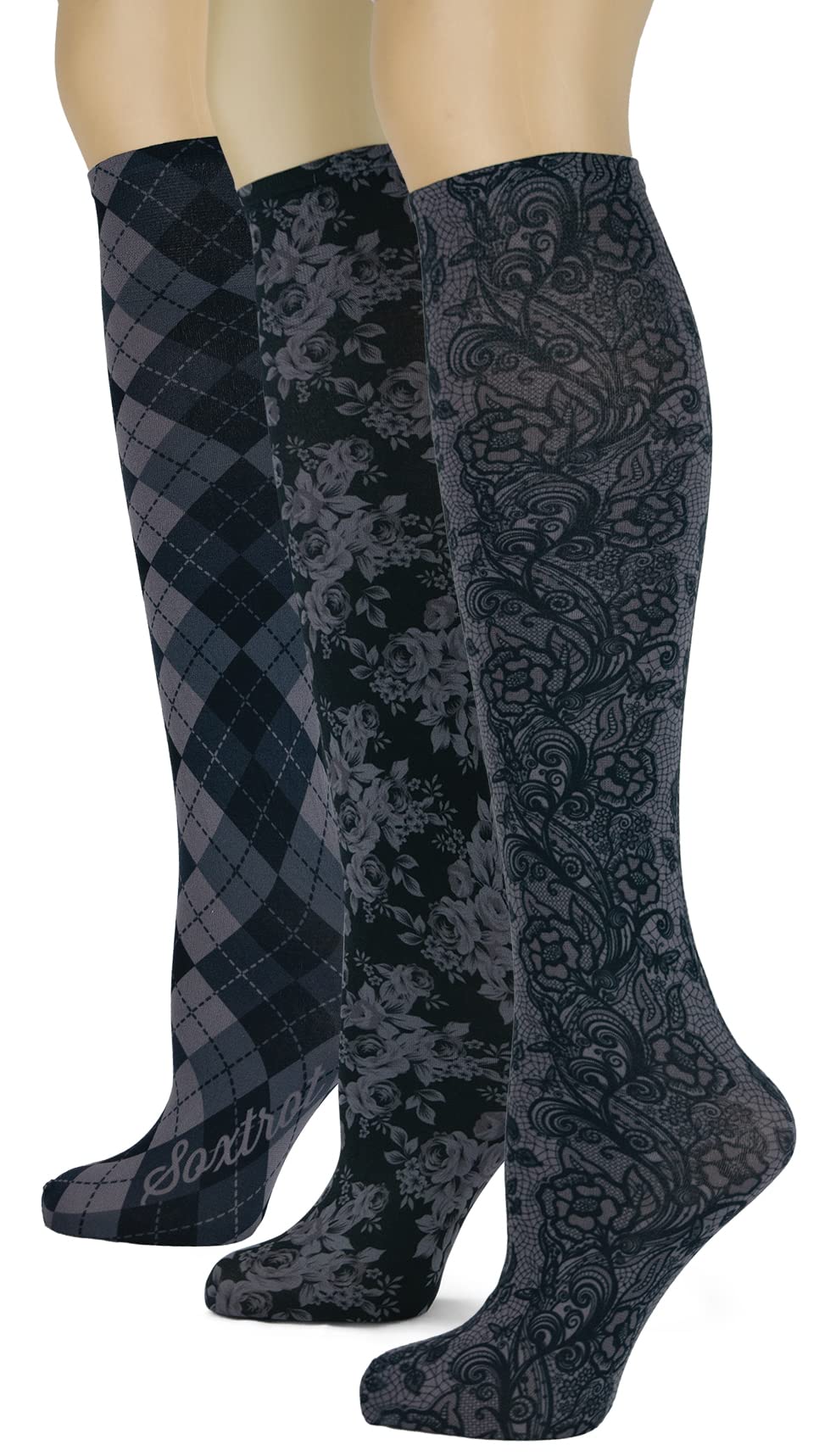 Women's 3 Pairs Knee High Trouser Socks, Classy and Colorful Printed Patterns, Silky Smooth Material