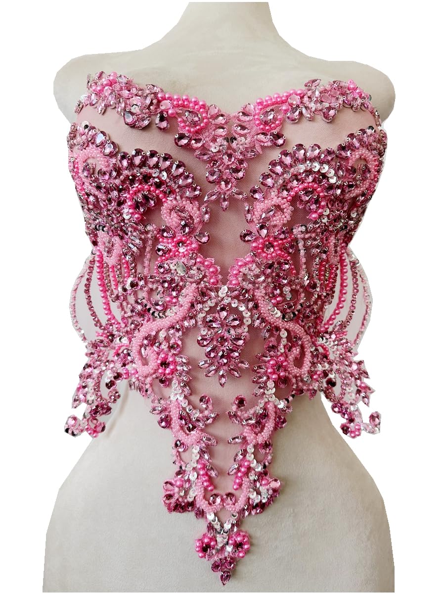 Handmade red/Blue/Gold/Green Rhinestones lace Bodice Applique Sewing Beads Crystal Trim Patches Accessory for Dress Clothes (Rose red)