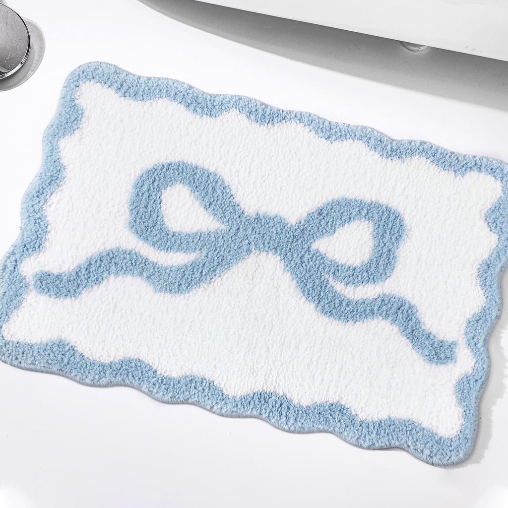 Scalloped Bow Bathroom Mat Non Slip Coquette Bow Rug Cute Aesthetic Scallop Carpet Preppy Room Decor Microfiber Absorbent Bath Rug for Bathroom Bathtub Shower Bedroom(Black,16" X 24")