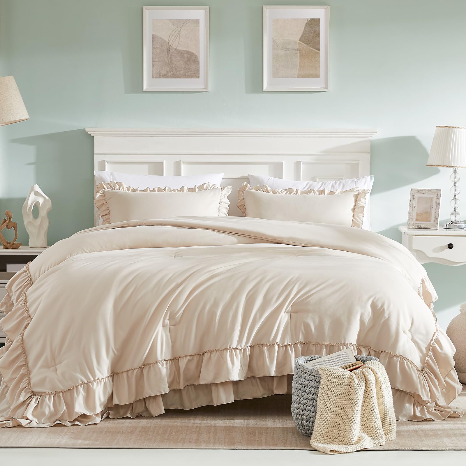 Comforter Set, 3Pcs Comforters Ruffle Bedding Sets Queen with Comforter, Lightweight Soft Shabby Chic Bedding Comforter Set Fluffy