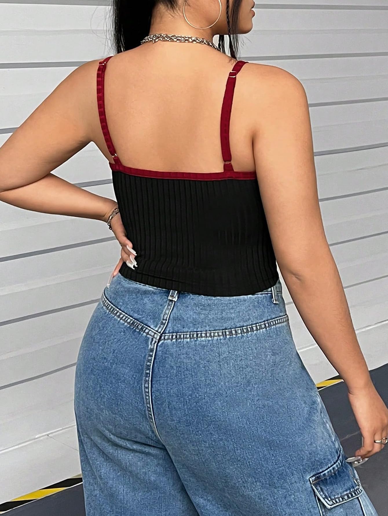 Women's Plus Size Cami Crop Tops Contrast Mesh Spaghetti Strap Summer Top