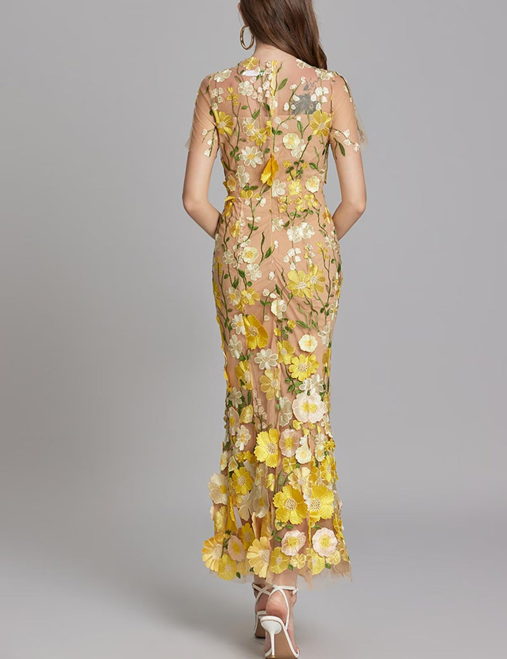 Women's 3D Floral Embroidery Dress Sheer Mesh Round Neck Lace Bodycon Party Cocktail Maxi Dress Short Sleeves