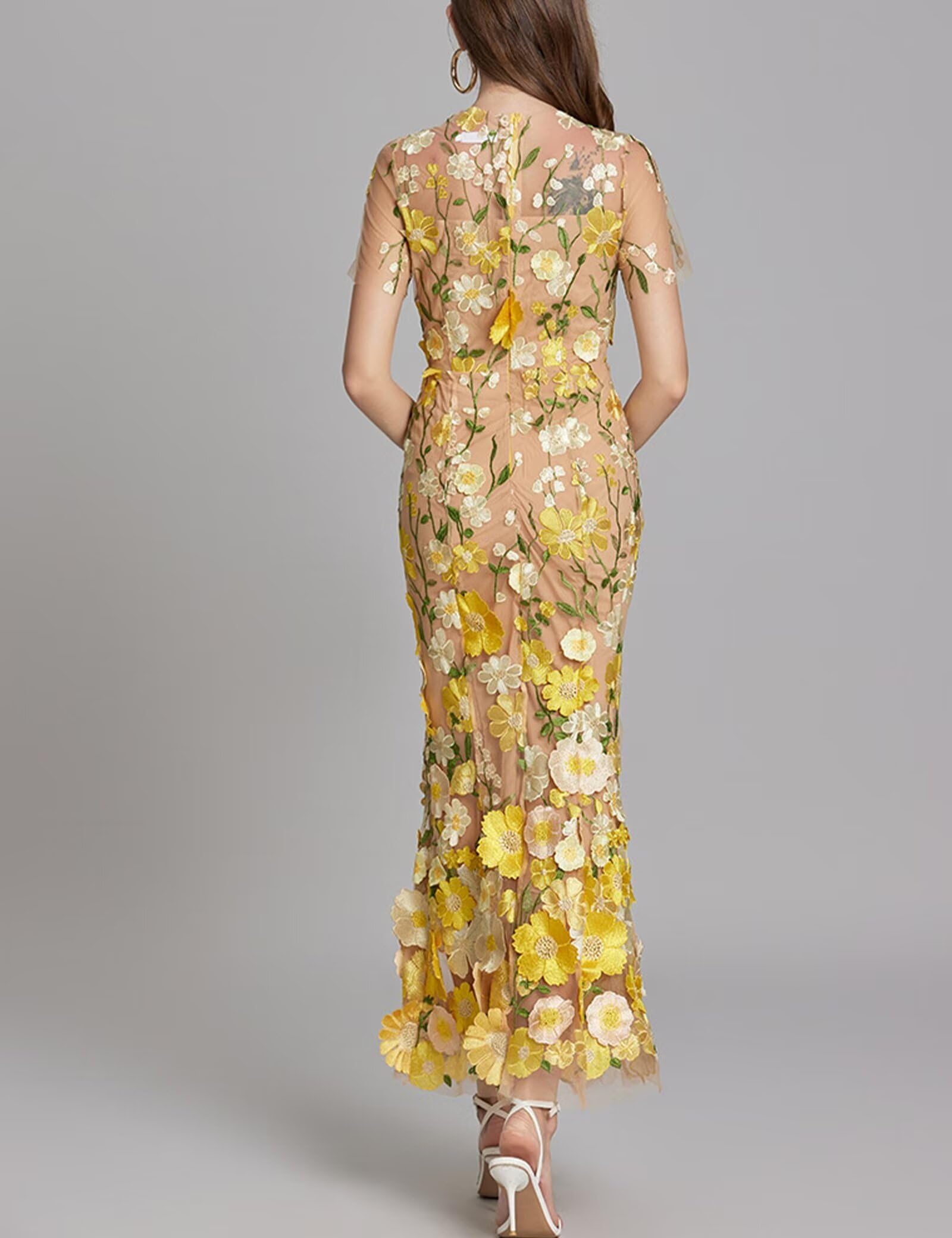 Women's 3D Floral Embroidery Dress Sheer Mesh Round Neck Lace Bodycon Party Cocktail Maxi Dress Short Sleeves